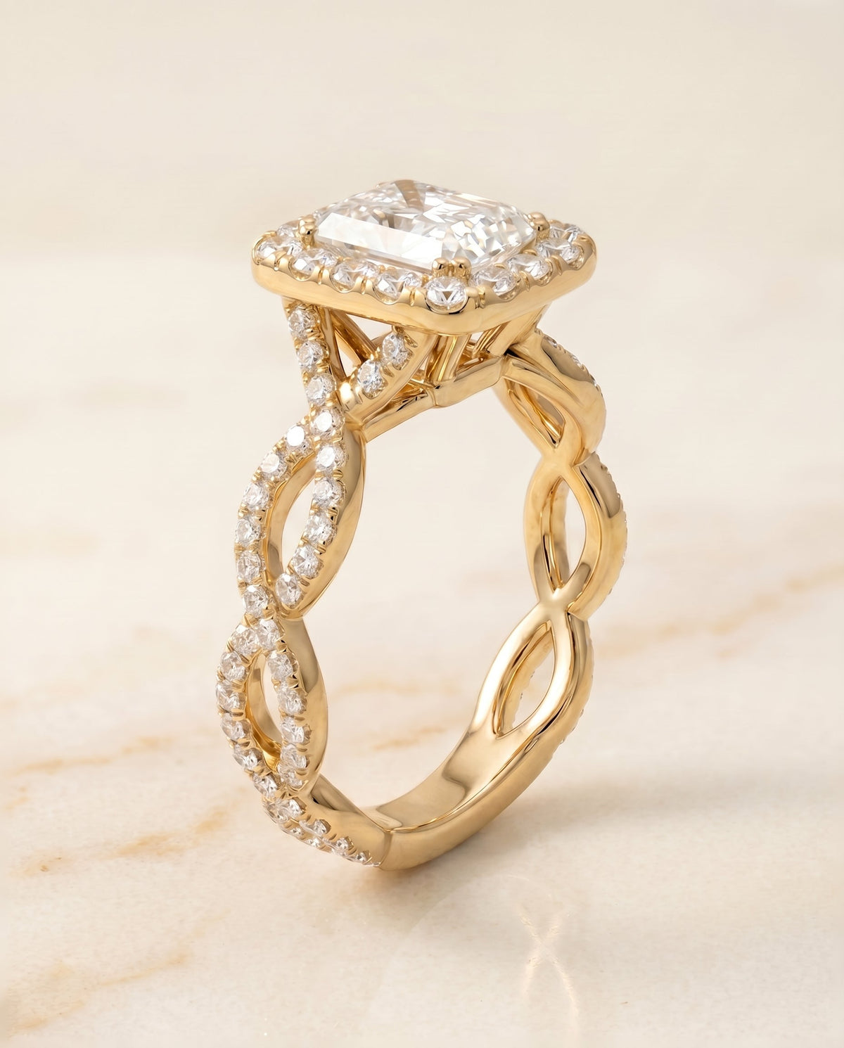 Annie Select Halo Radiant Cut Lab Diamond Engagement Ring in 18K Yellow Gold, front view | RockHer