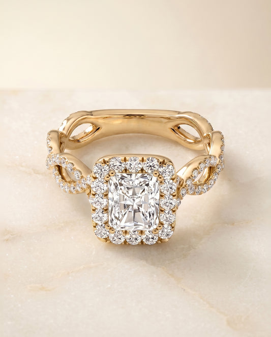 The Annie Halo Engagement Ring Setting for Radiant Diamonds in 18K Yellow Gold