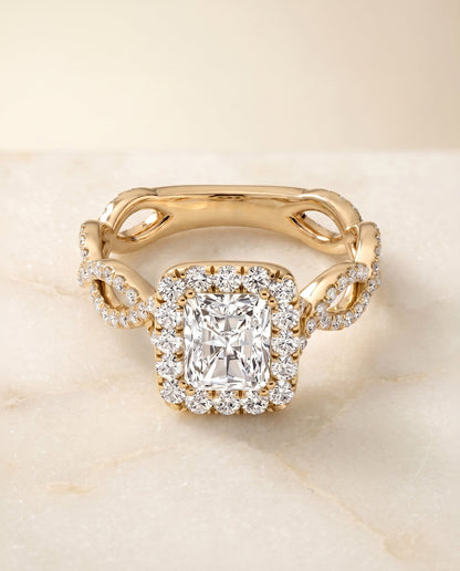 Annie Select Halo Radiant Cut Lab Diamond Engagement Ring in 18K Yellow Gold, shown on hand, angled | RockHer
