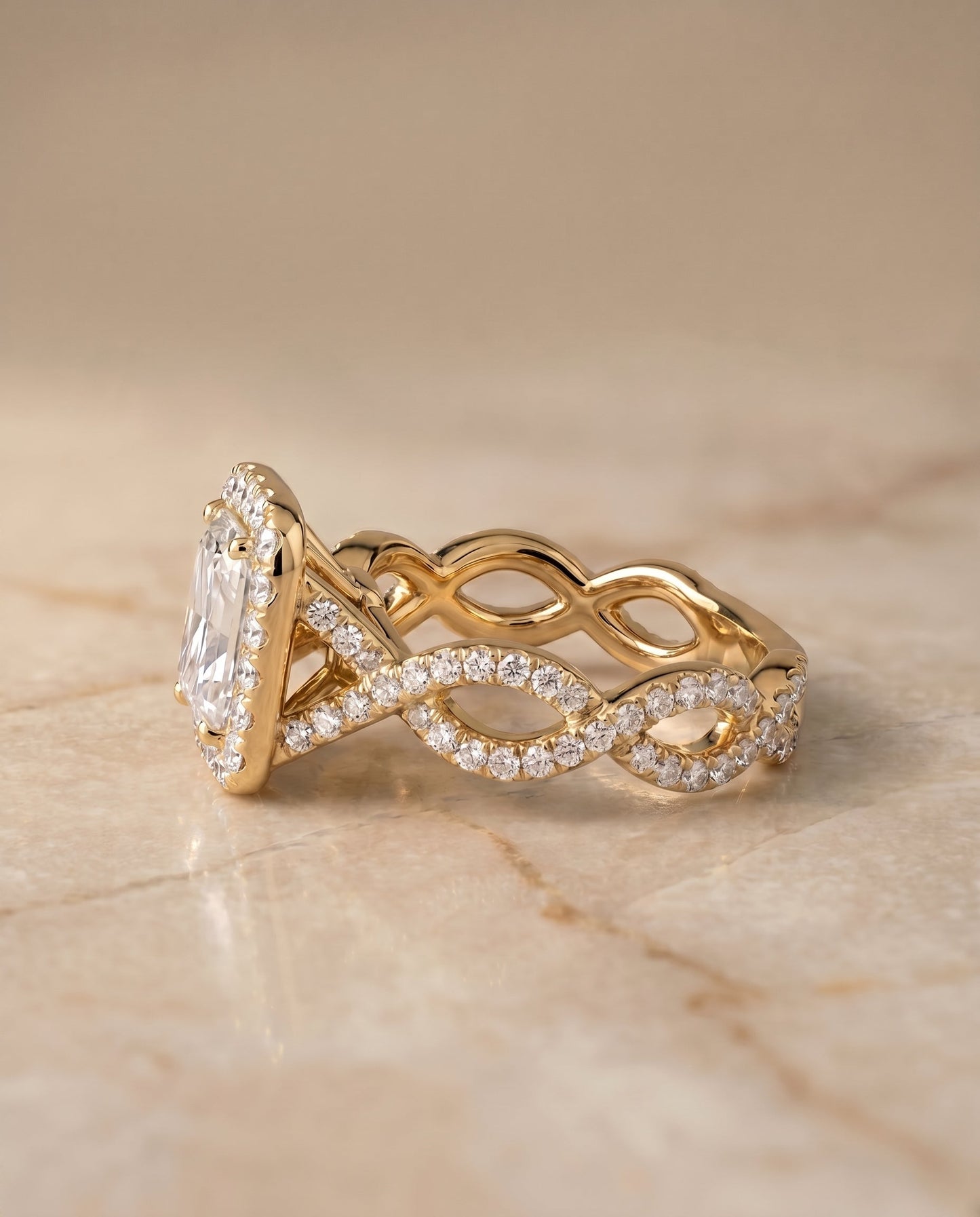 Annie Select Halo Radiant Cut Lab Diamond Engagement Ring in 18K Yellow Gold, side view | RockHer