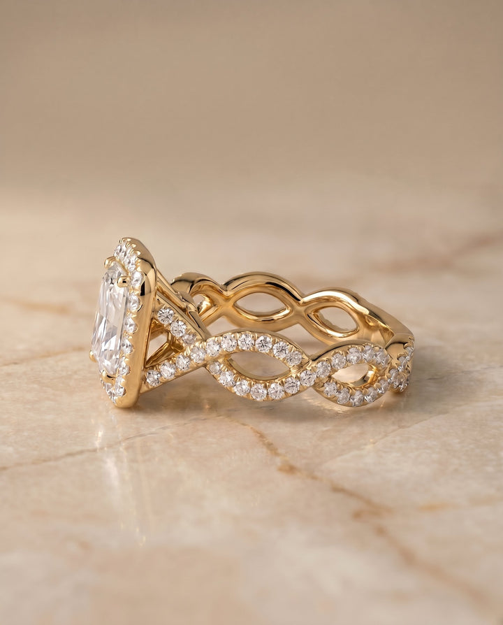 Annie Select Halo Radiant Cut Lab Diamond Engagement Ring in 18K Yellow Gold, side view | RockHer