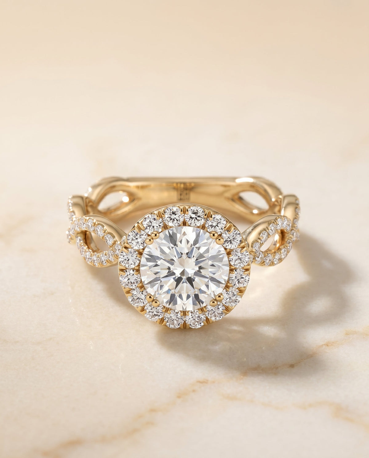 Annie Select Halo Round Lab Diamond Engagement Ring in 18K Yellow Gold, shown on hand, angled | RockHer