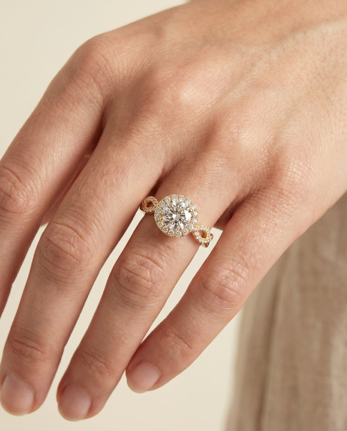 Annie Select Halo Round Lab Diamond Engagement Ring in 18K Yellow Gold, shown on hand | RockHer
