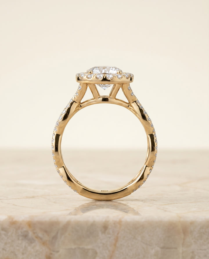 The Annie Twisted Pavé Halo Engagement Ring Setting for Round Diamonds in 18K Yellow Gold