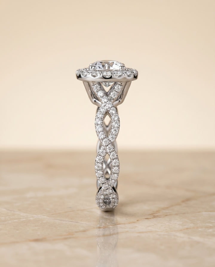 The Annie Twisted Pavé Halo Engagement Ring Setting for Round Diamonds in Platinum