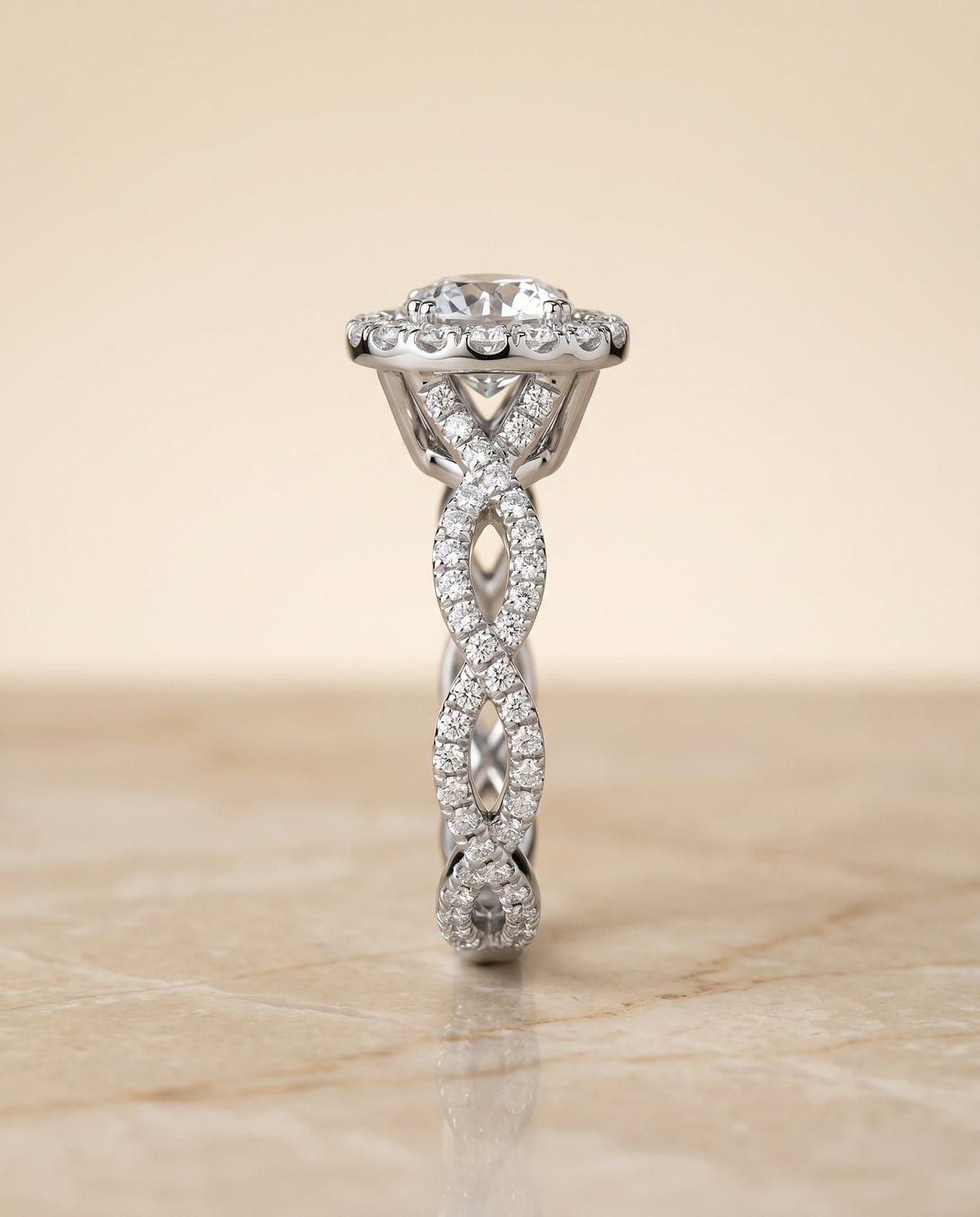 Annie Select Halo Round Lab Diamond Engagement Ring in Platinum, side view | RockHer