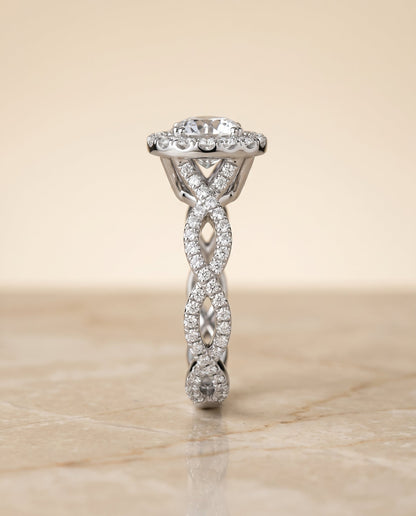 Annie Select Halo Round Lab Diamond Engagement Ring in Platinum, side view | RockHer
