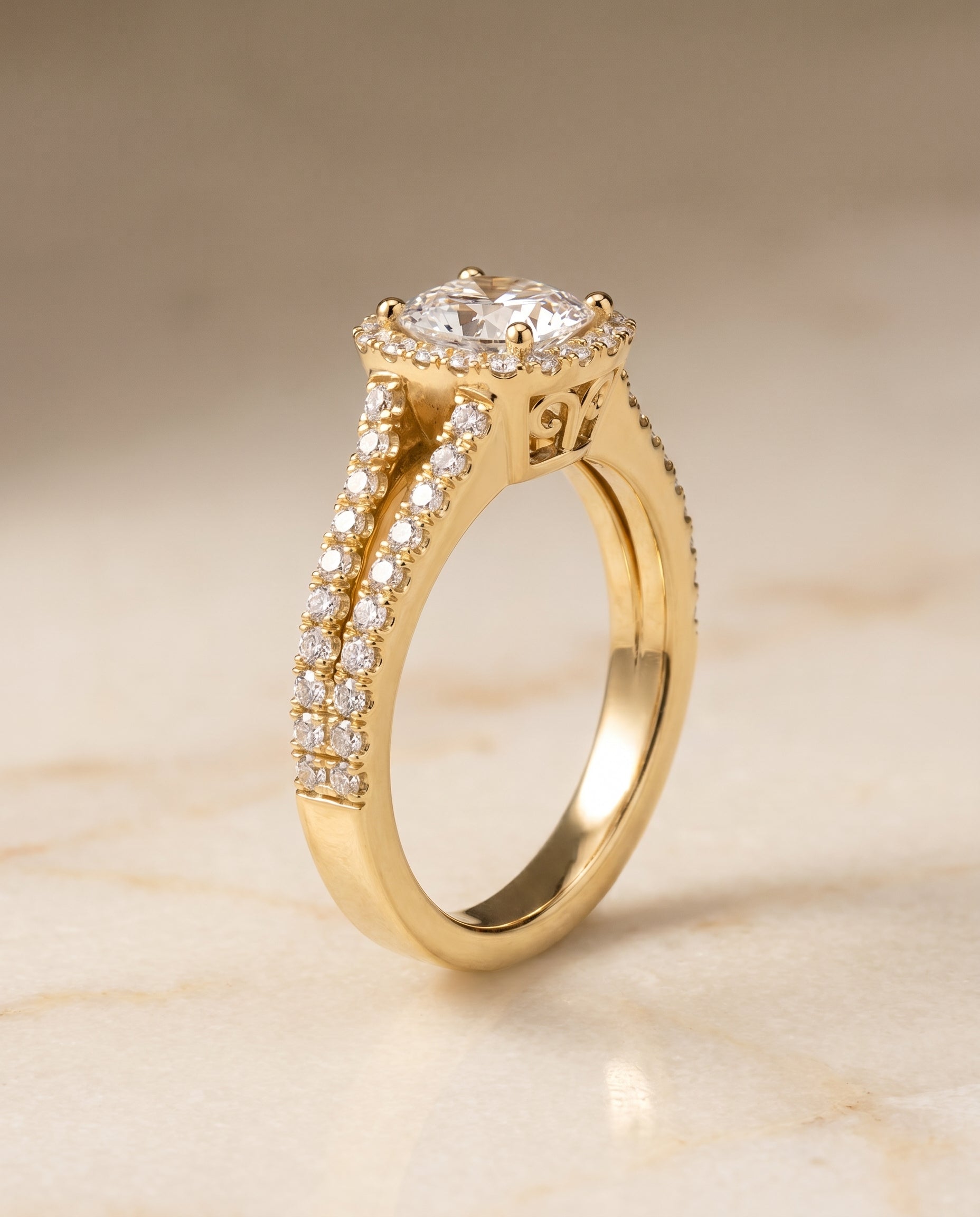 Split Shank Pavé Halo Cut styling on The Aretha cushion engagement ring setting | RockHer