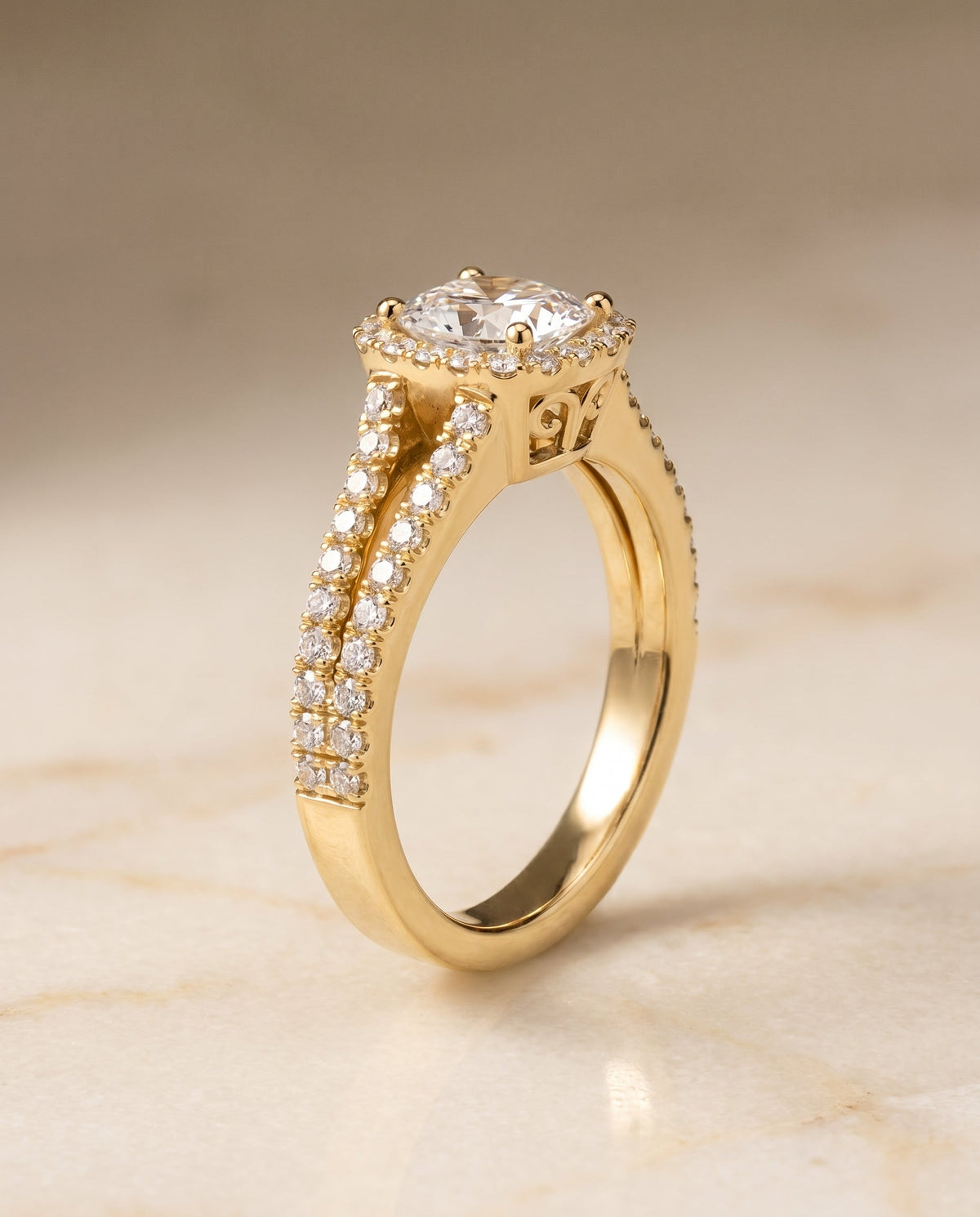 Aretha Select Halo Cushion Cut Lab Diamond Engagement Ring in 18K Yellow Gold, front view | RockHer
