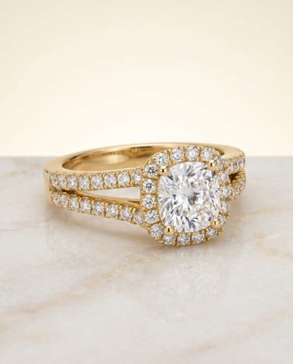 Aretha Select Halo Cushion Cut Lab Diamond Engagement Ring in 18K Yellow Gold, shown on hand, angled | RockHer