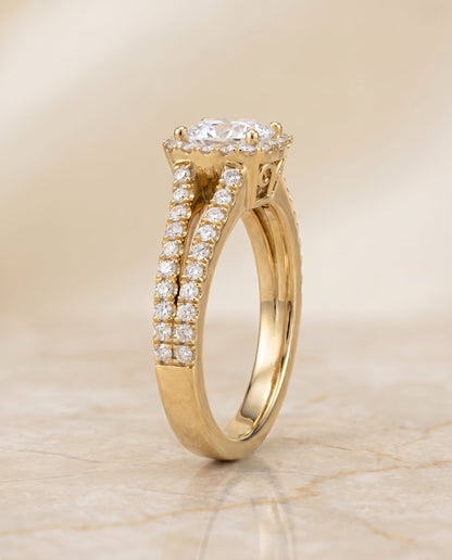 Aretha Select Halo Cushion Cut Lab Diamond Engagement Ring in 18K Yellow Gold, side view | RockHer