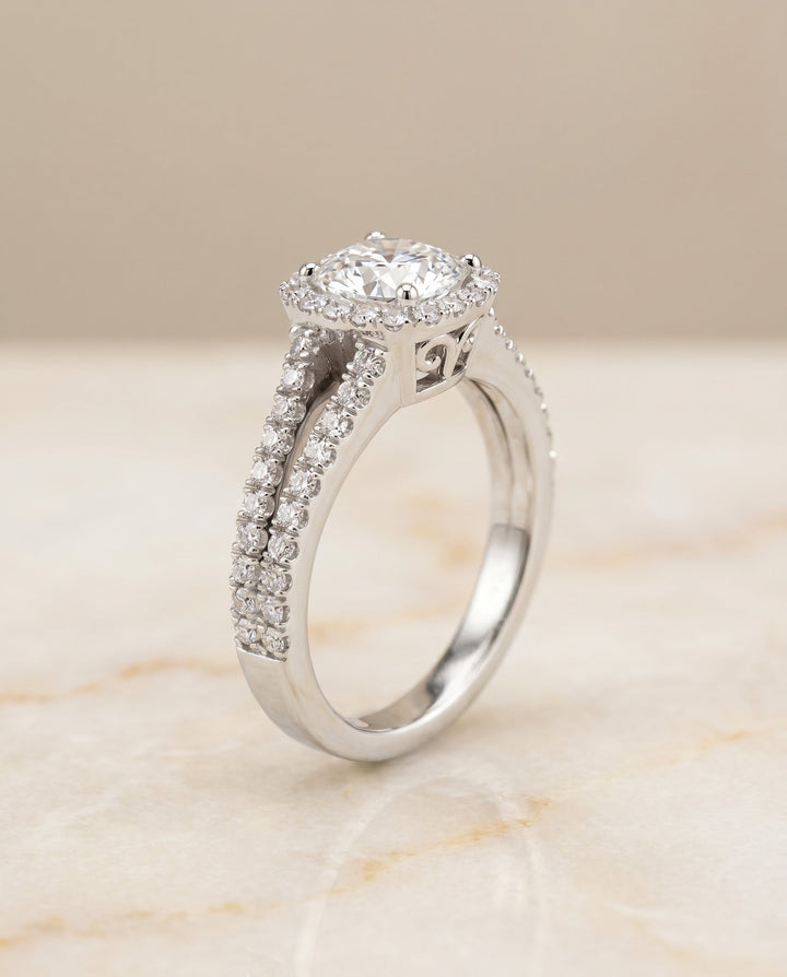 Aretha Select Halo Cushion Cut Lab Diamond Engagement Ring in Platinum, front view | RockHer