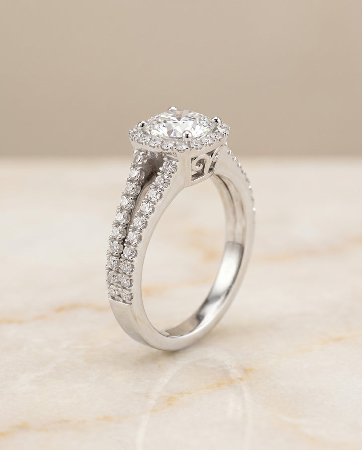 The Aretha Halo Engagement Ring Setting for Cushion Diamonds in Platinum