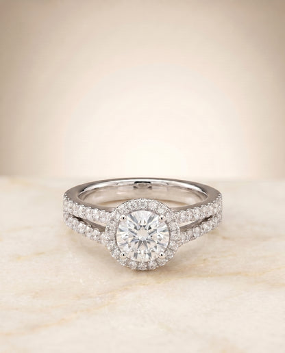 The Aretha Split Shank Pavé Halo Cushion Cut Engagement Ring Setting in Platinum