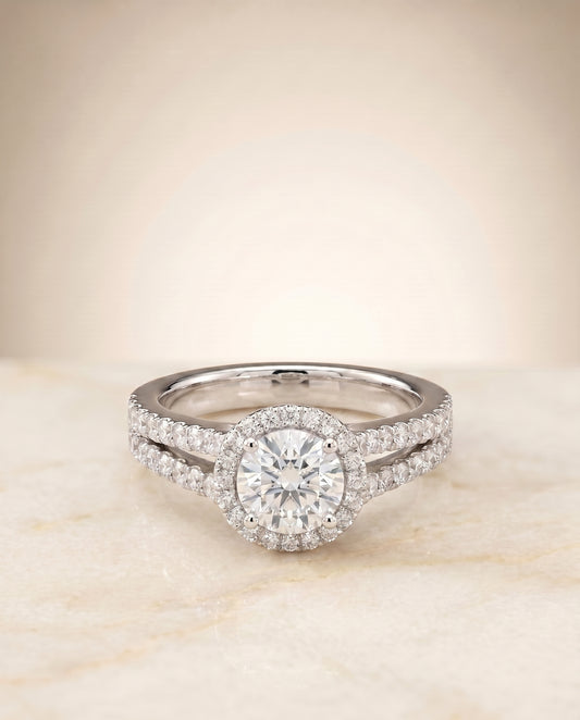 The Aretha Pavé Halo Split Shank Engagement Ring Setting for Cushion Diamonds in Platinum