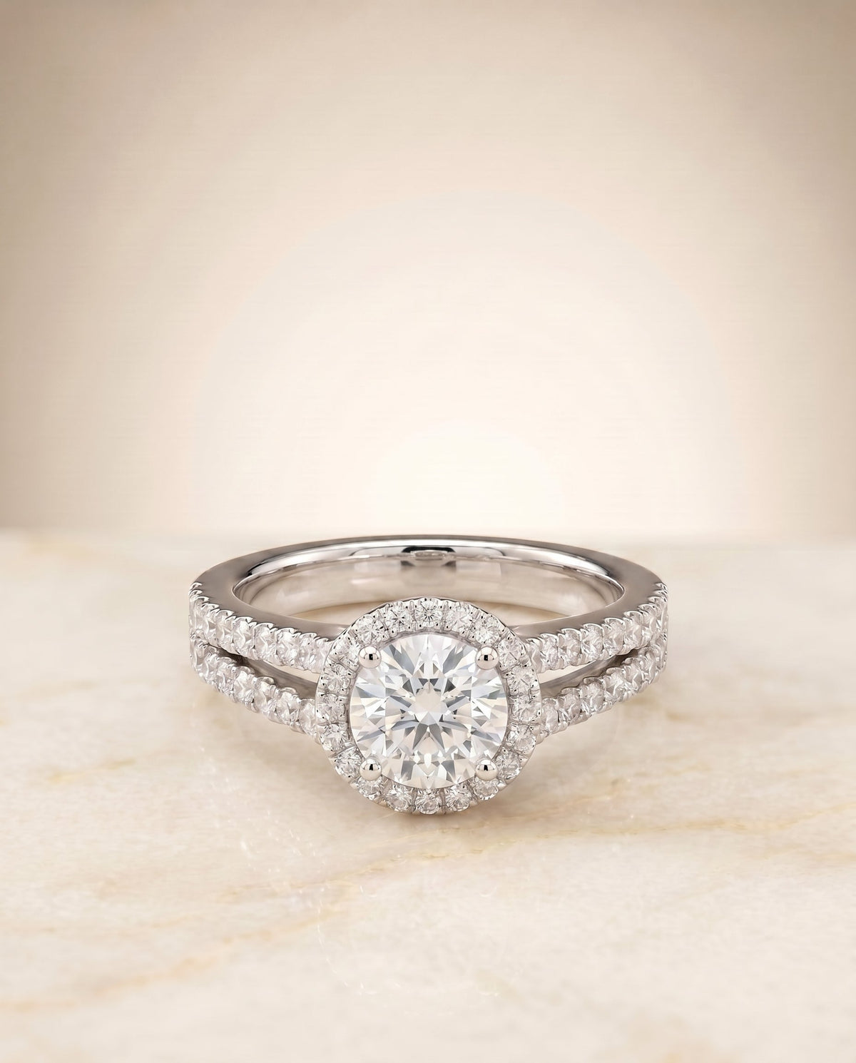 Aretha Select Halo Cushion Cut Lab Diamond Engagement Ring in 18K White Gold, shown on hand, angled | RockHer