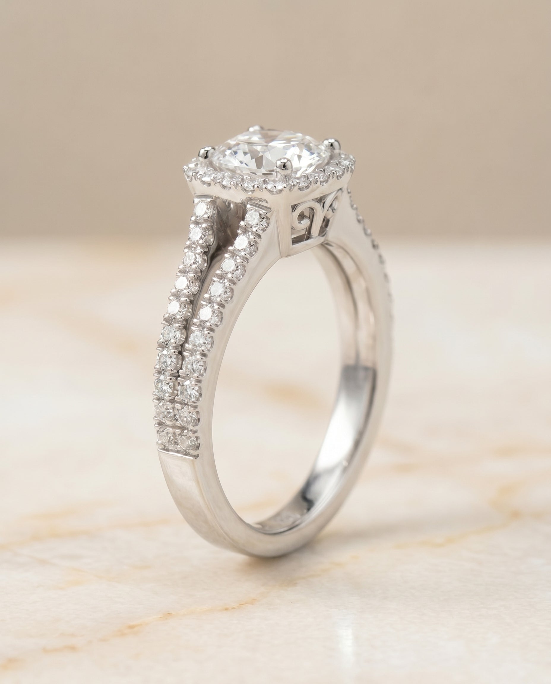 Split Shank Pavé Halo Cut styling on The Aretha cushion engagement ring setting | RockHer