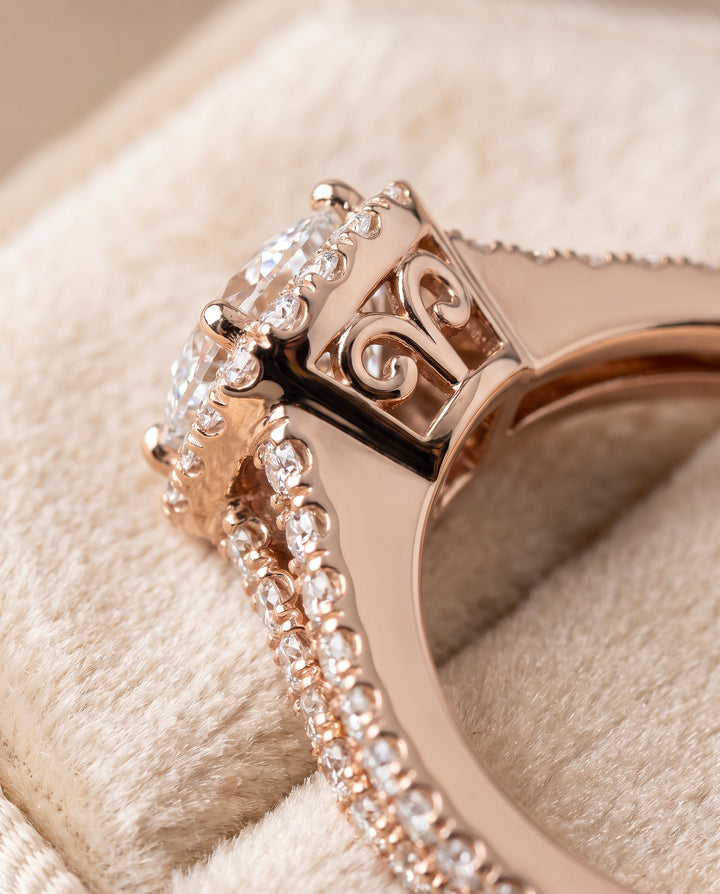 The Aretha Split Shank Pavé Halo Cushion Cut Engagement Ring Setting in 14K Rose Gold