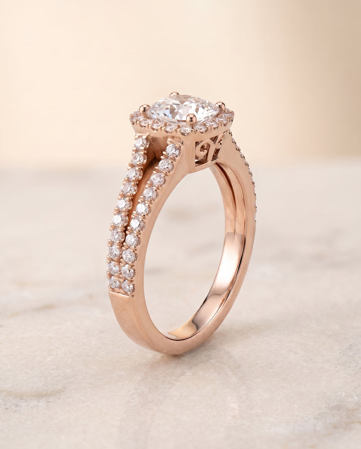 The Aretha Split Shank Pavé Halo Cushion Cut Engagement Ring Setting in 14K Rose Gold