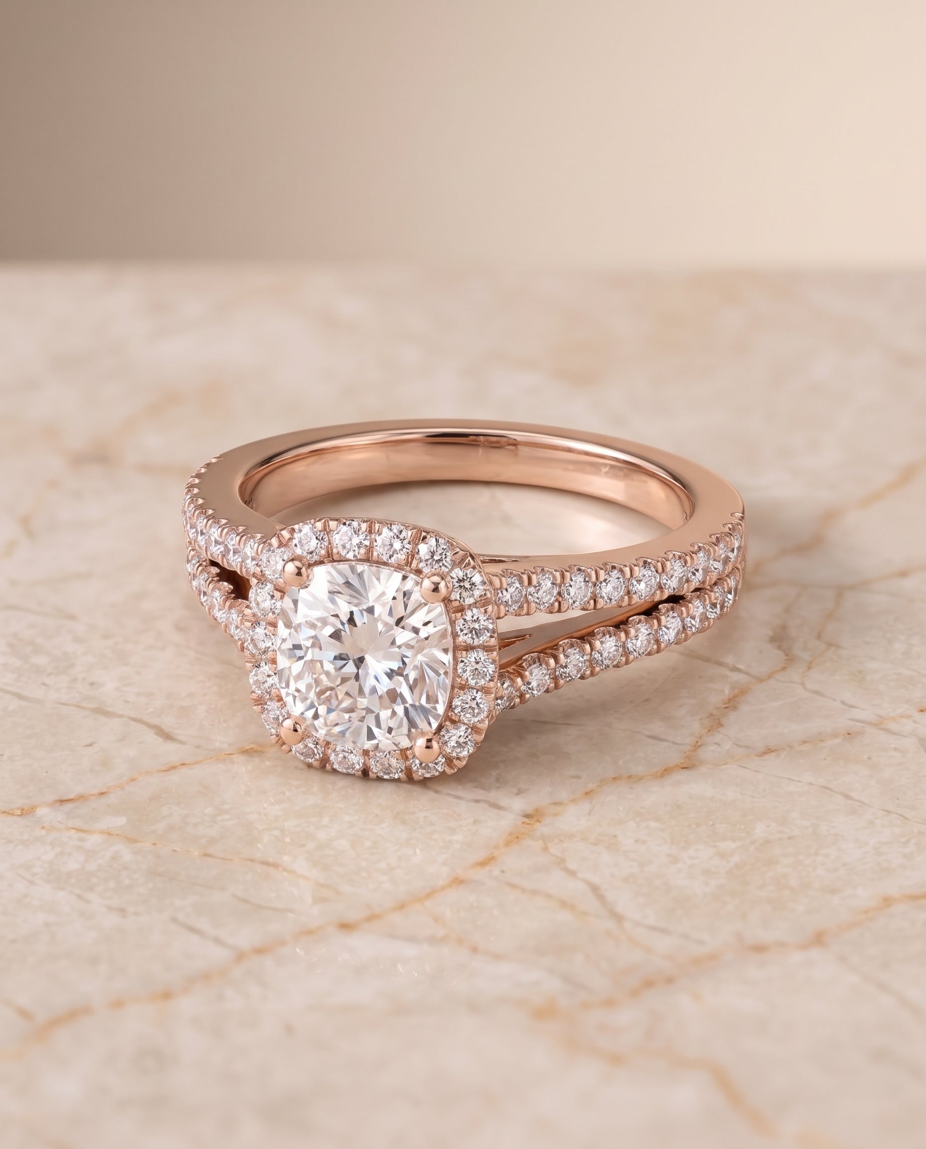 The Aretha Split Shank Pavé Halo Cushion Cut Engagement Ring Setting in 14K Rose Gold