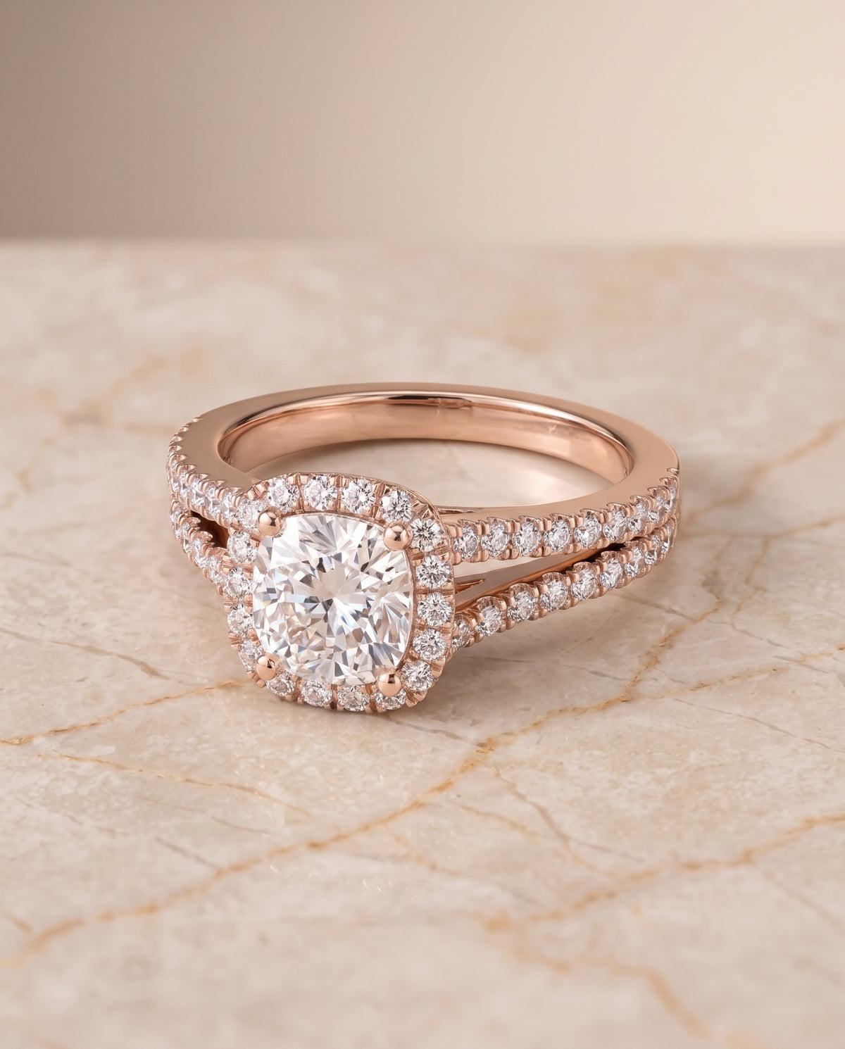 The Aretha Split Shank Pavé Halo Cushion Cut Engagement Ring Setting in 14K Rose Gold