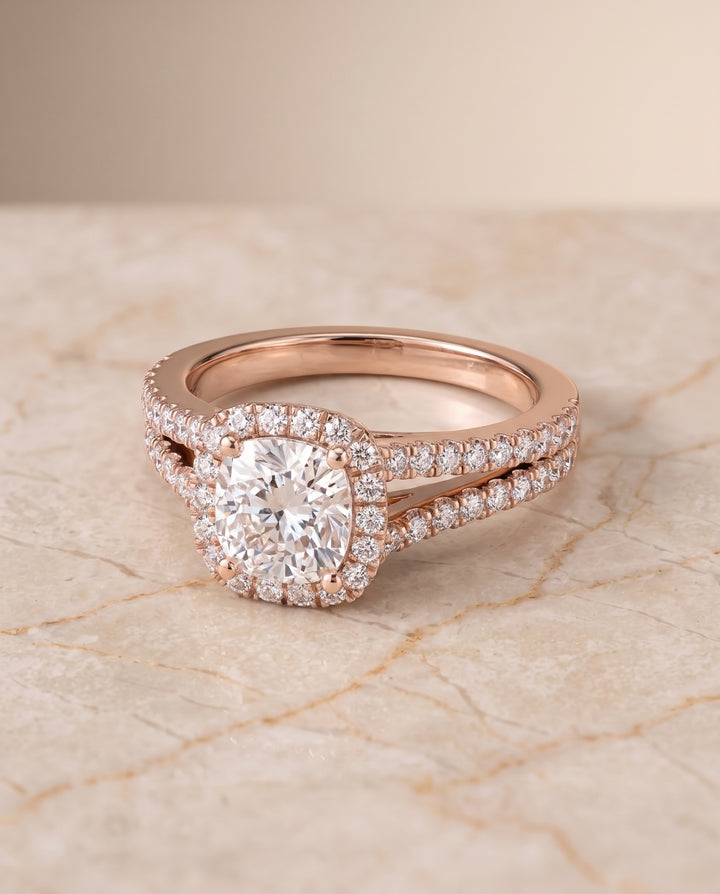 The Aretha Split Shank Pavé Halo Cushion Cut Engagement Ring Setting in 14K Rose Gold