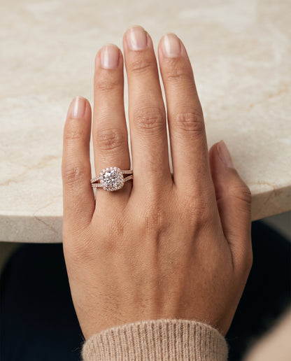 The Aretha Split Shank Pavé Halo Cushion Cut Engagement Ring Setting in 14K Rose Gold