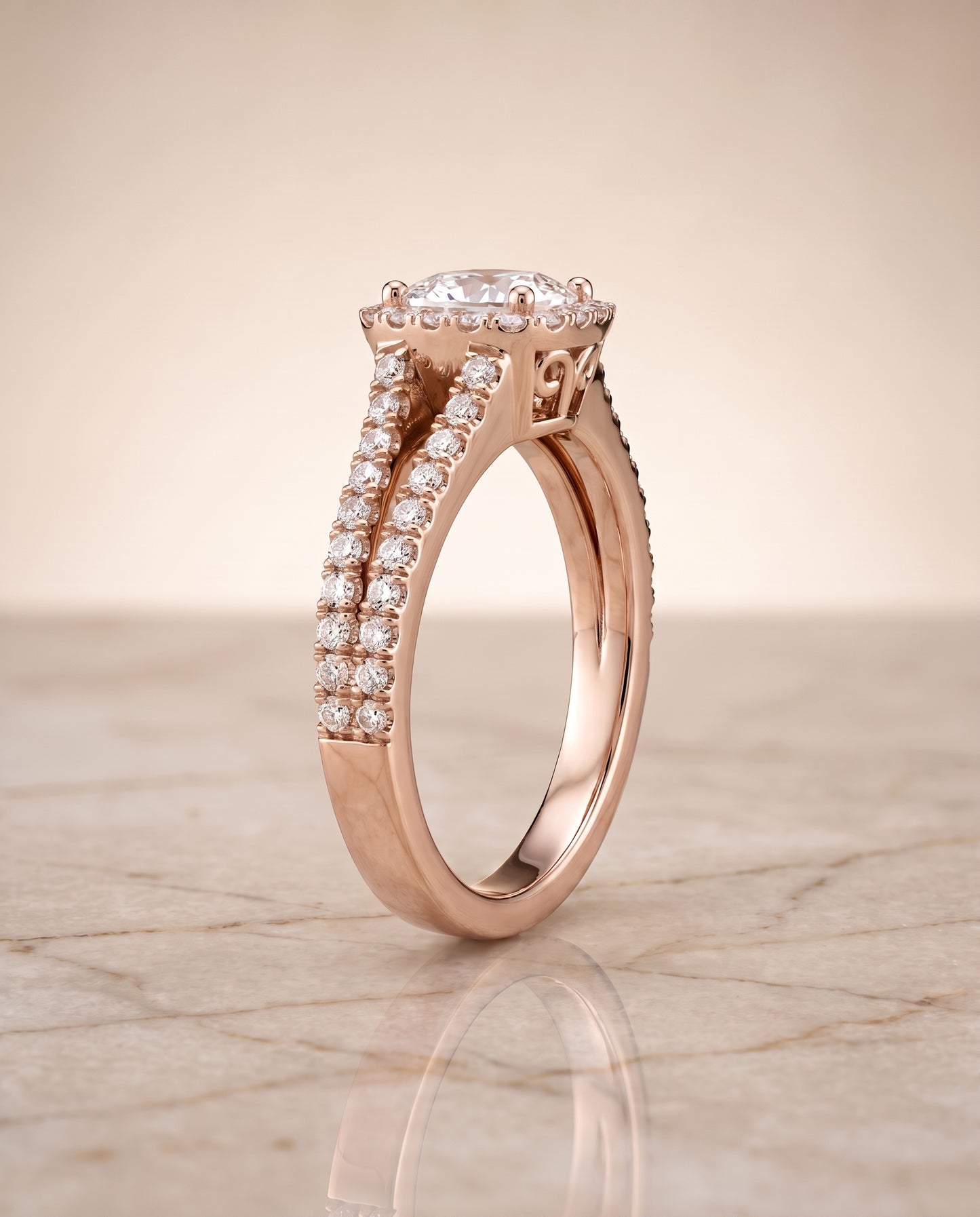 The Aretha Split Shank Pavé Halo Cushion Cut Engagement Ring Setting in 14K Rose Gold