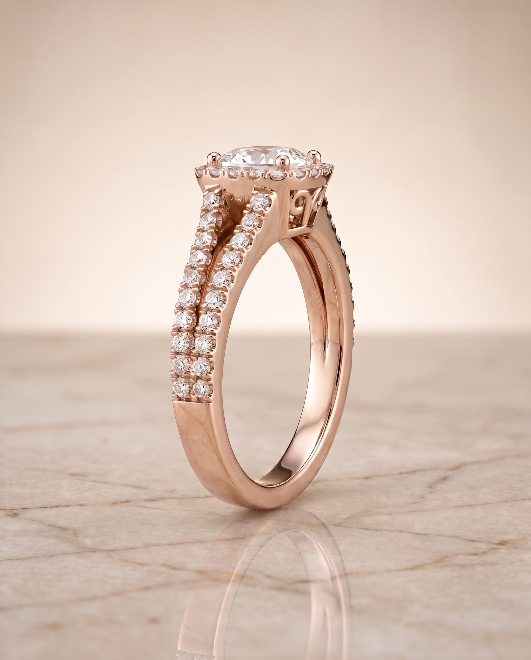 The Aretha Split Shank Pavé Halo Cushion Cut Engagement Ring Setting in 14K Rose Gold