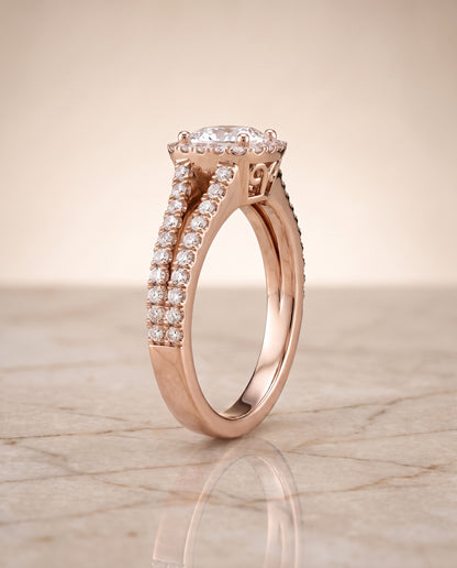 The Aretha Split Shank Pavé Halo Cushion Cut Engagement Ring Setting in 14K Rose Gold
