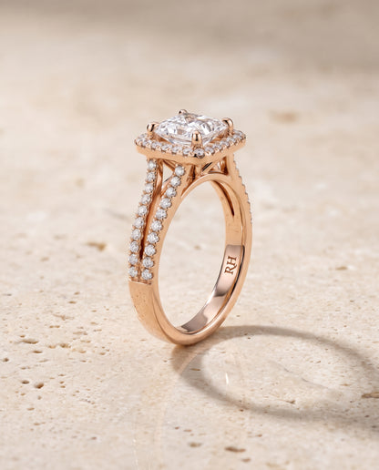 The Aretha Split Shank Pavé Halo Princess Cut Engagement Ring Setting in 14K Rose Gold