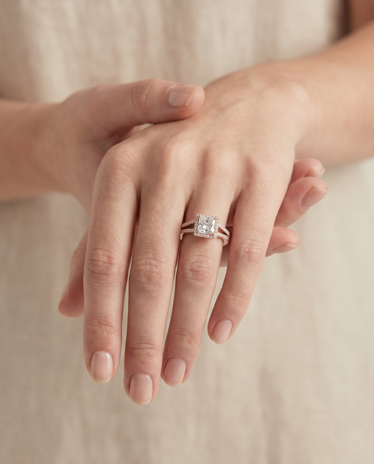 The Aretha Split Shank Pavé Halo Princess Cut Engagement Ring Setting in 14K Rose Gold