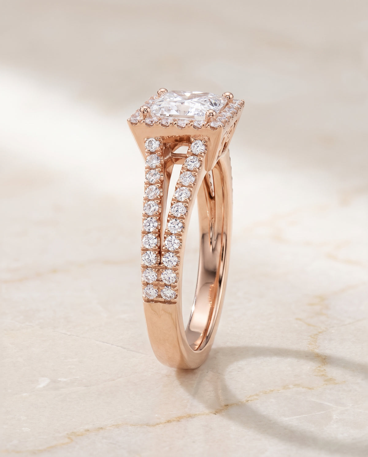 The Aretha Split Shank Pavé Halo Princess Cut Engagement Ring Setting in 14K Rose Gold