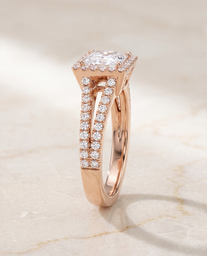 The Aretha Split Shank Pavé Halo Princess Cut Engagement Ring Setting in 14K Rose Gold