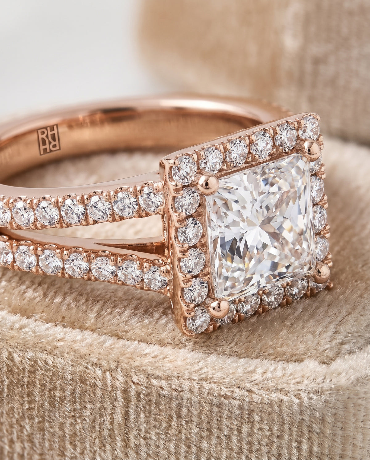 The Aretha Split Shank Pavé Halo Princess Cut Engagement Ring Setting in 14K Rose Gold