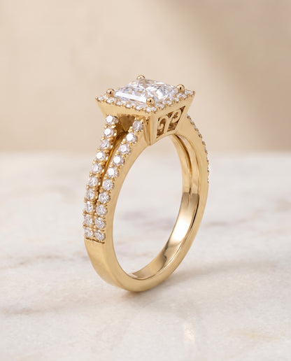 The Aretha Split Shank Pavé Halo Princess Cut Engagement Ring Setting in 18K Yellow Gold