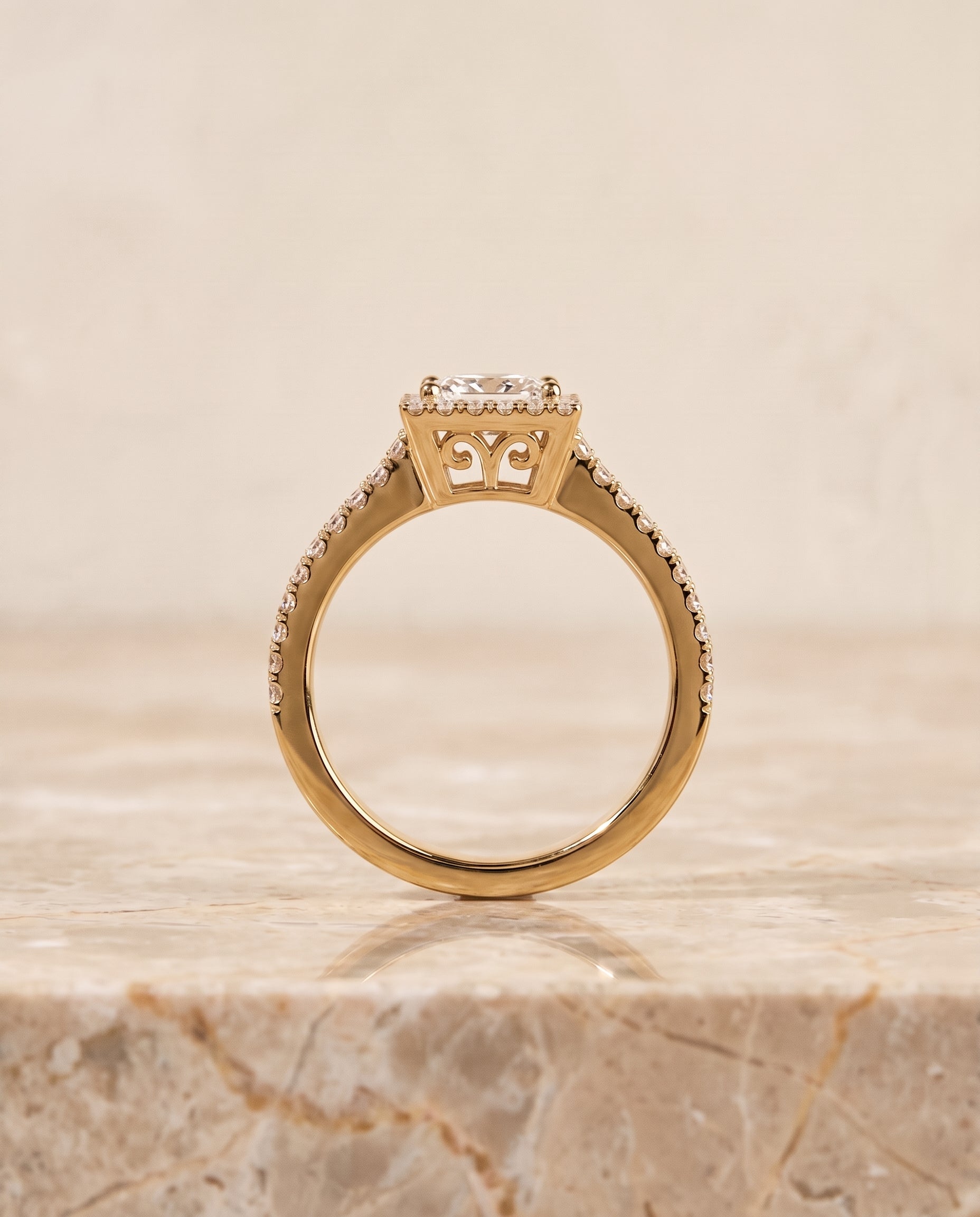 Split Shank Pavé Halo styling on The Aretha princess engagement ring setting | RockHer