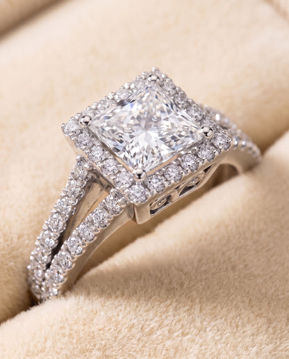 The Aretha Split Shank Pavé Halo Princess Cut Engagement Ring Setting in 18K White Gold