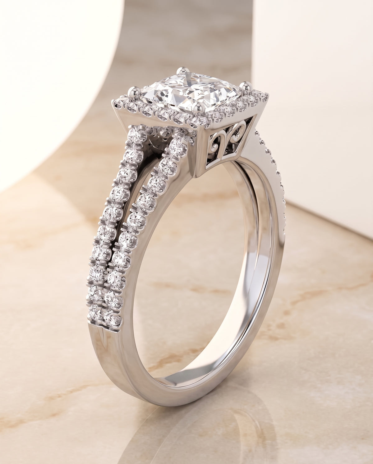 The Aretha Split Shank Pavé Halo Princess Cut Engagement Ring Setting in 18K White Gold