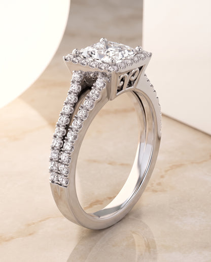 The Aretha Split Shank Pavé Halo Princess Cut Engagement Ring Setting in 18K White Gold