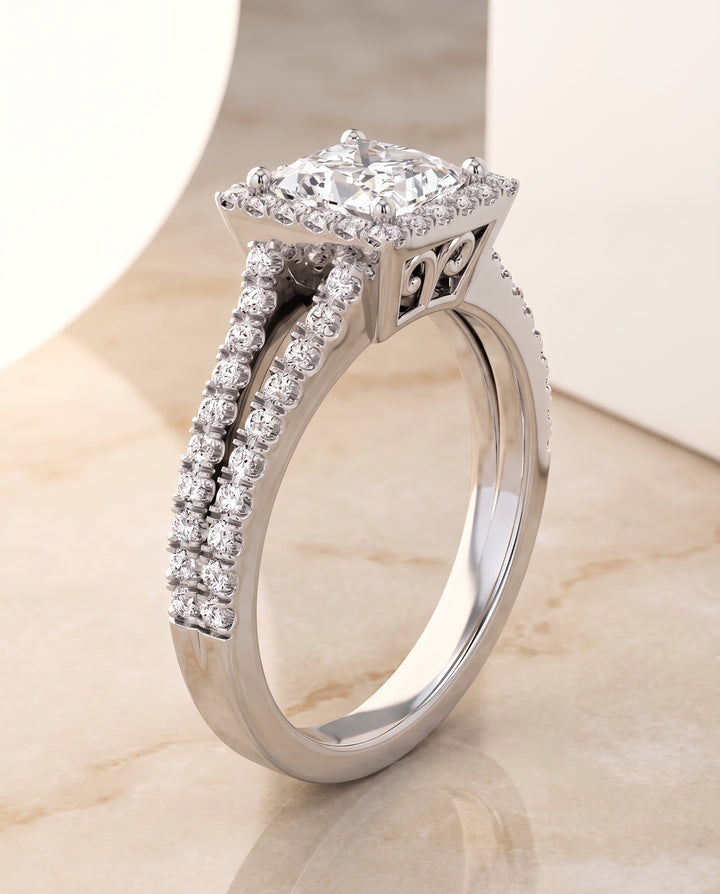The Aretha Split Shank Pavé Halo Princess Cut Engagement Ring Setting in 18K White Gold