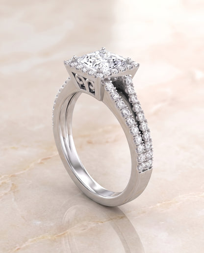 The Aretha Split Shank Pavé Halo Princess Cut Engagement Ring Setting in 18K White Gold