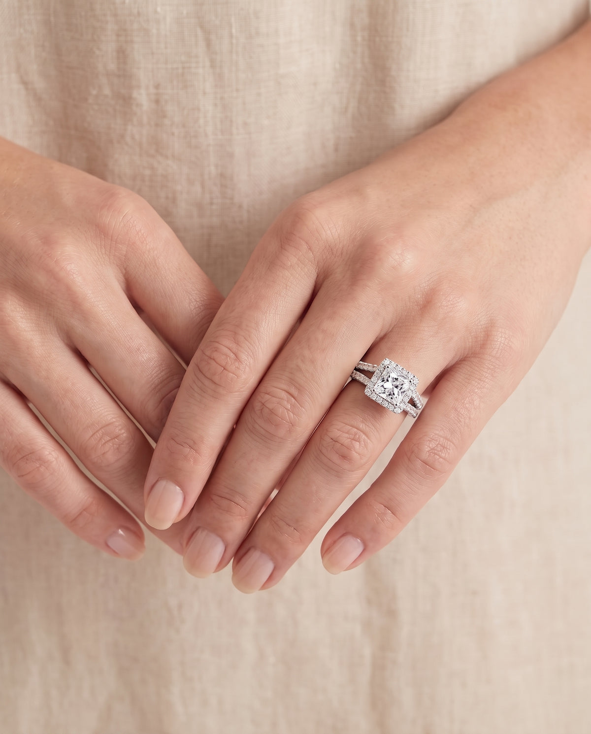 The Aretha Split Shank Pavé Halo Princess Cut Engagement Ring Setting in 18K White Gold