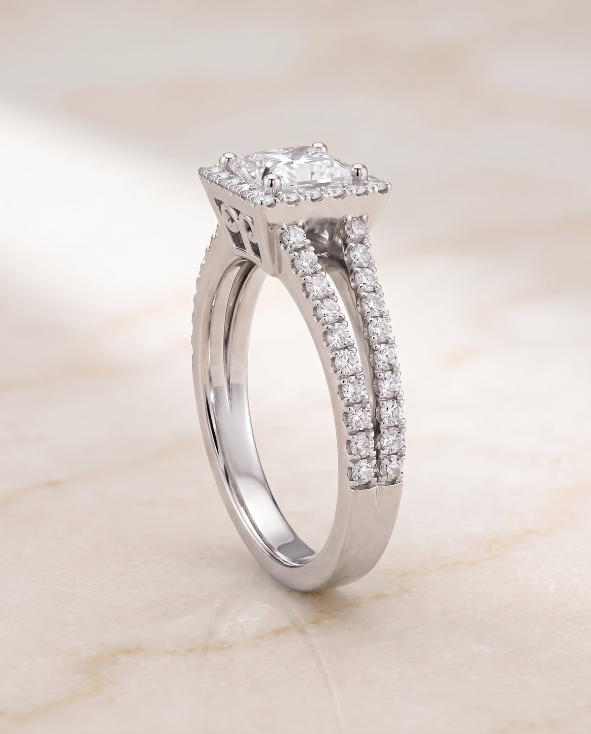 The Aretha Split Shank Pavé Halo Princess Cut Engagement Ring Setting in 18K White Gold