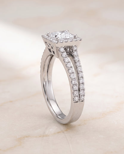The Aretha Split Shank Pavé Halo Princess Cut Engagement Ring Setting in 18K White Gold