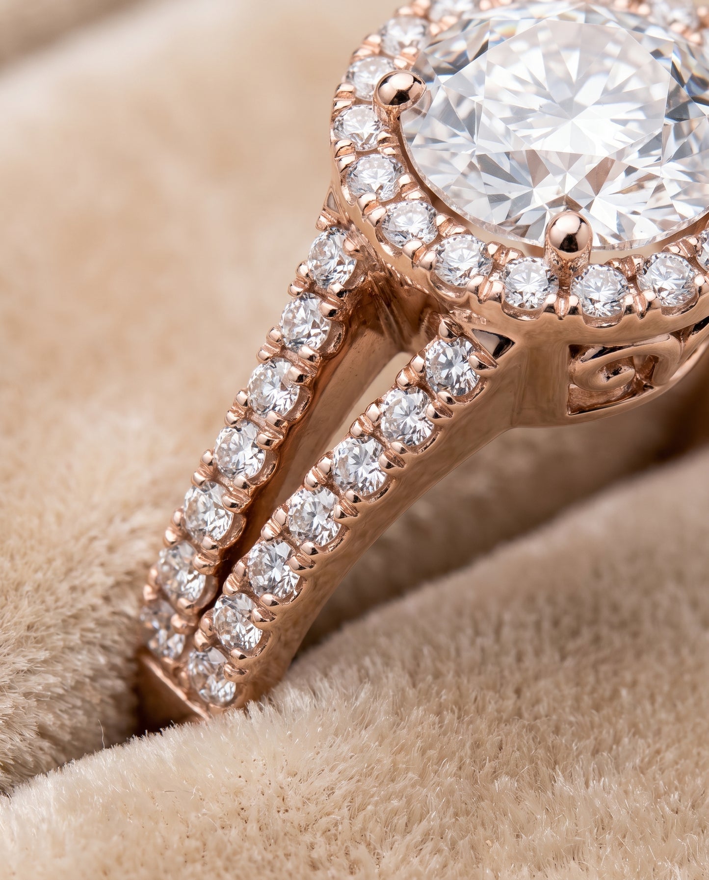 The Aretha Split Shank Pavé Halo Round Engagement Ring Setting in 14K Rose Gold