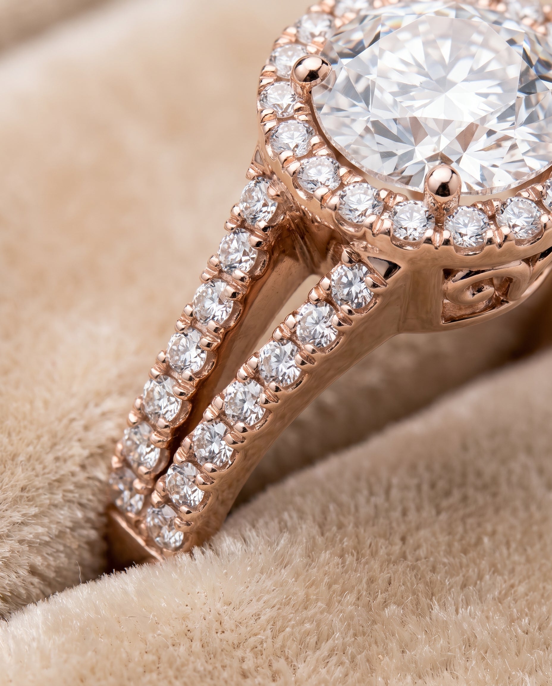 The Aretha Split Shank Pavé Halo Round Engagement Ring Setting in 14K Rose Gold