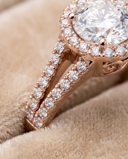The Aretha Split Shank Pavé Halo Round Engagement Ring Setting in 14K Rose Gold