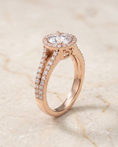 The Aretha Split Shank Pavé Halo Round Engagement Ring Setting in 14K Rose Gold