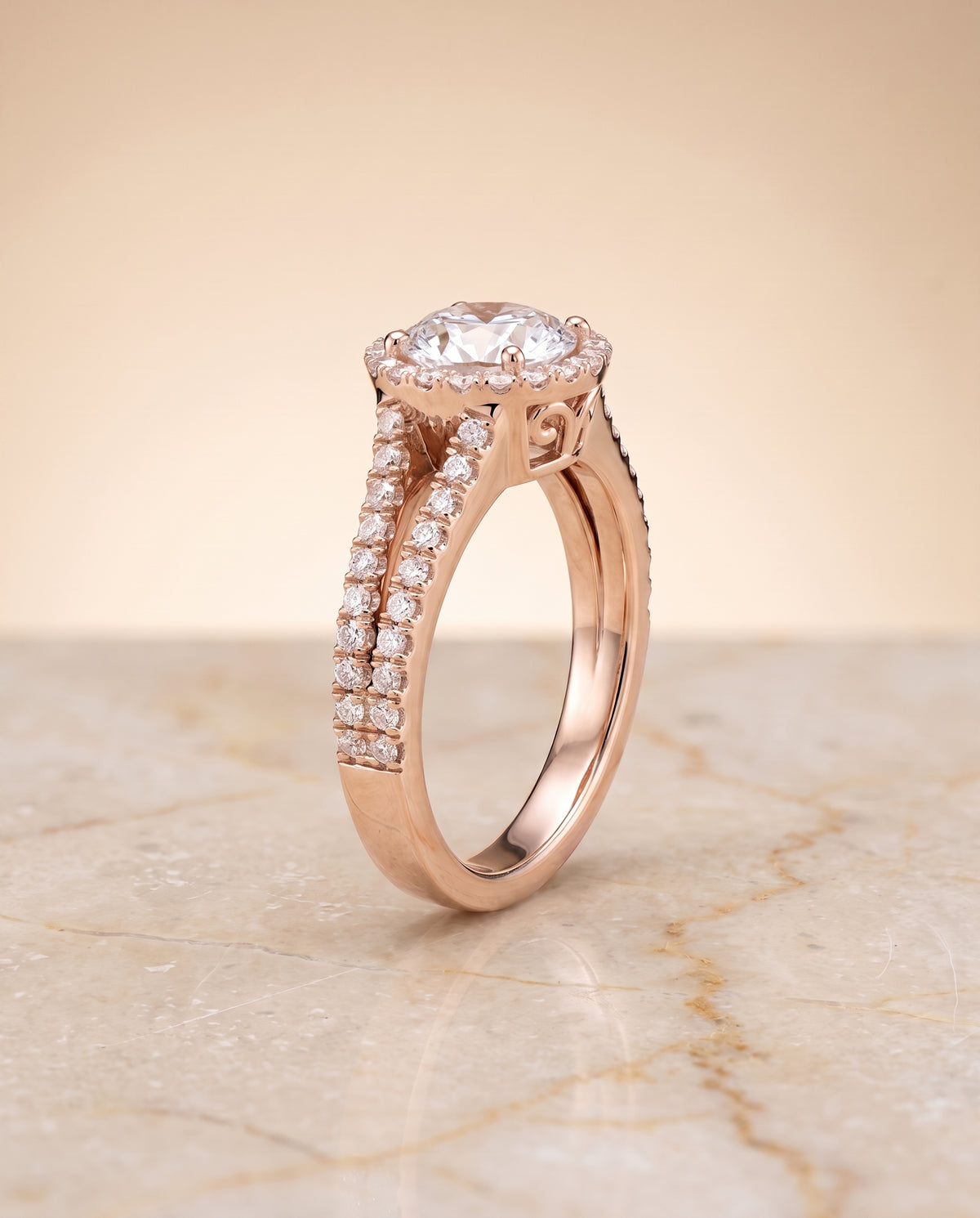 The Aretha Split Shank Pavé Halo Round Engagement Ring Setting in 14K Rose Gold